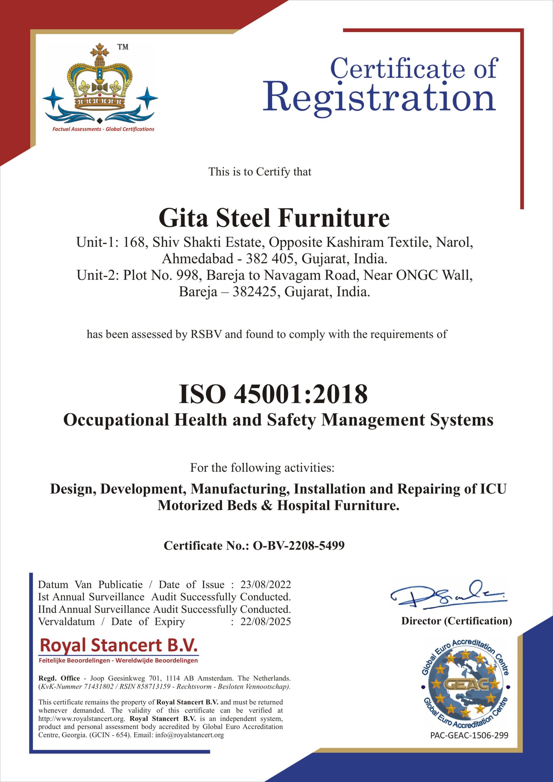 Certificate of ISO 45001 — Health & Safety Accreditation