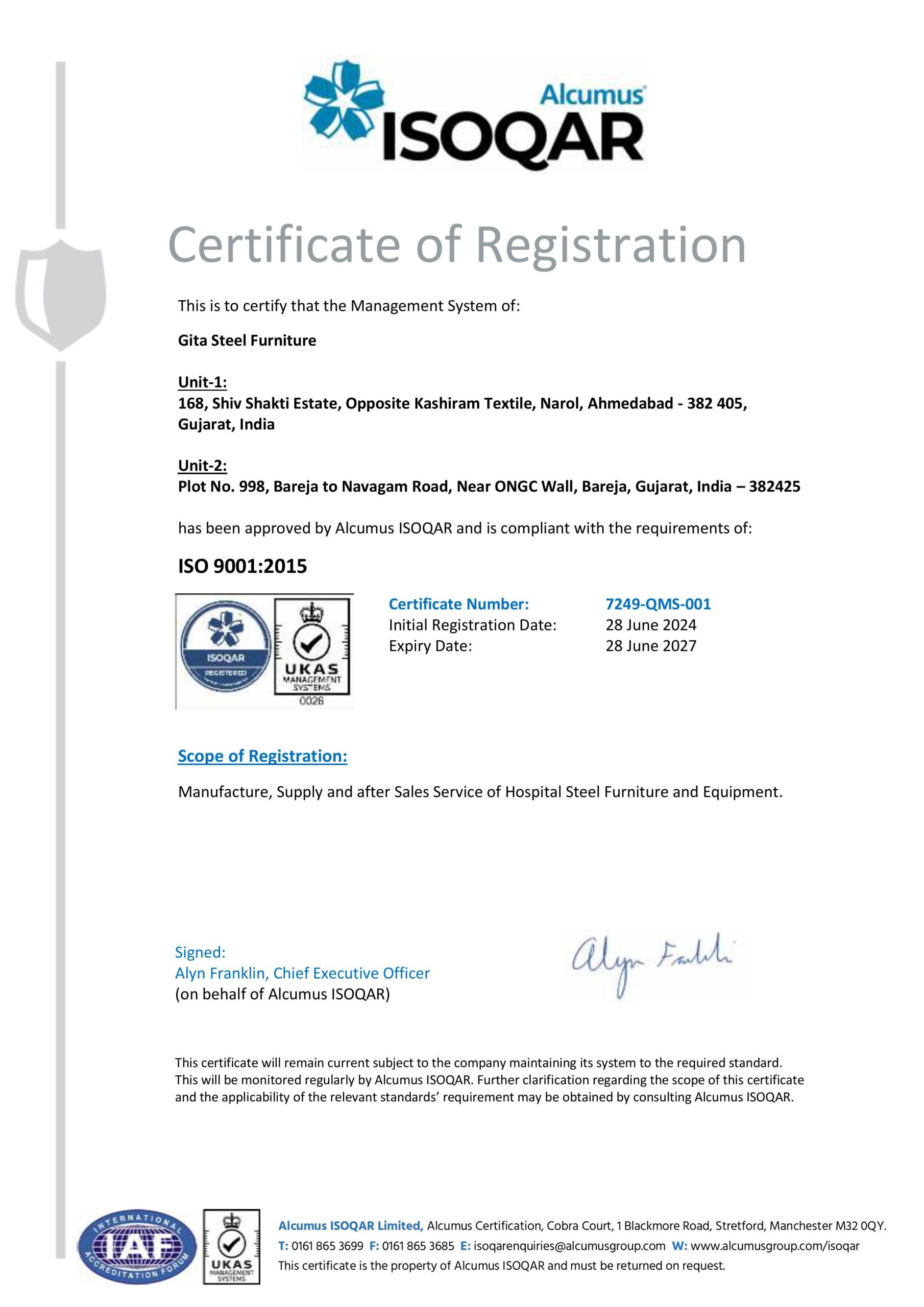 Certificate of ISOQAR — Gita Mediquip Quality Systems