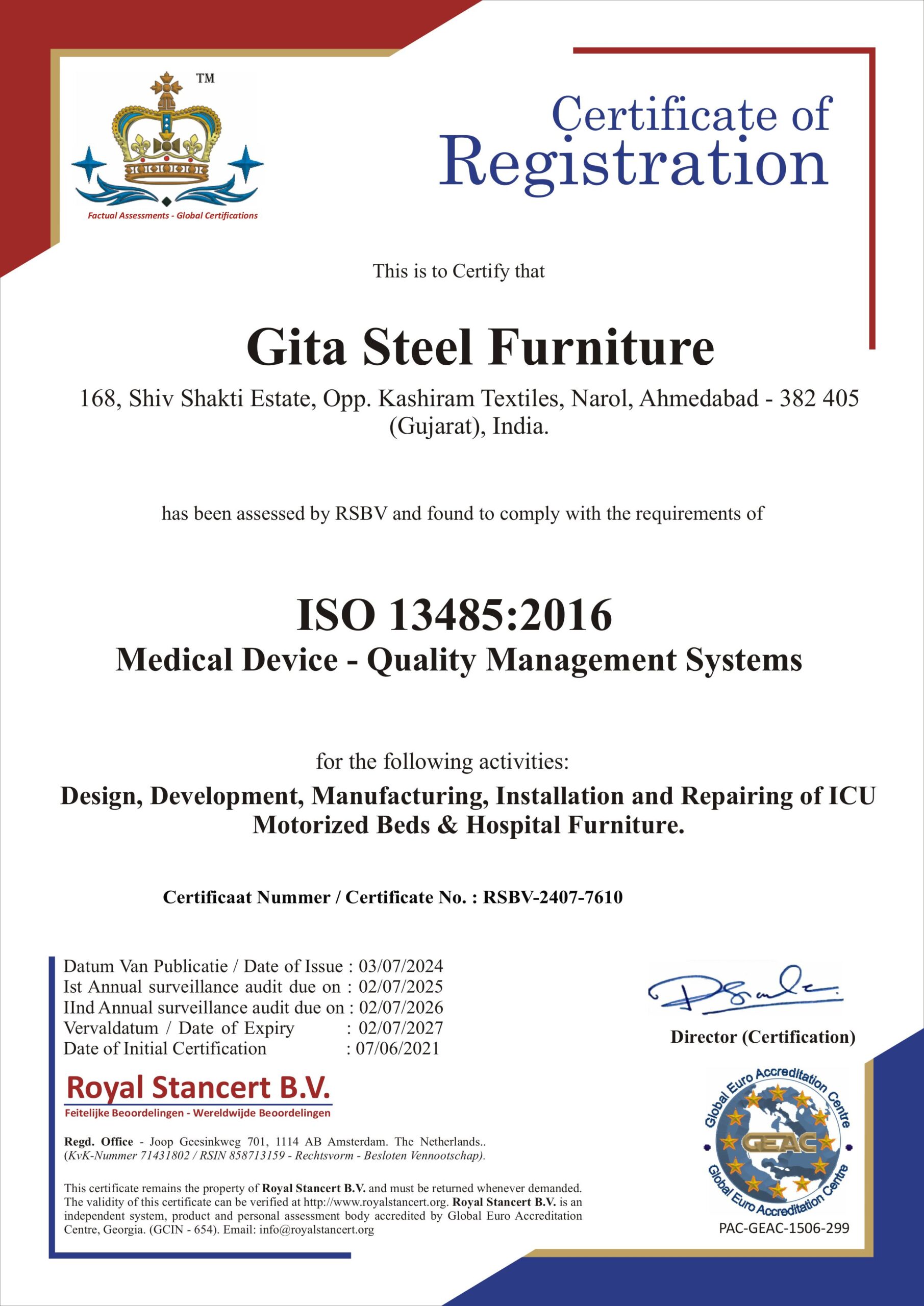 Certificate of ISO 13485 — Medical Devices Standard